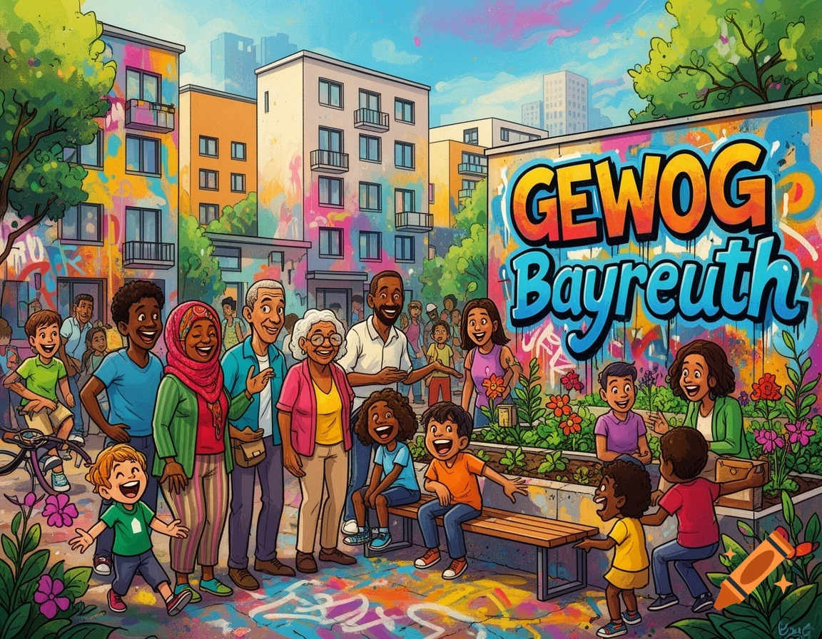 A diverse group of smiling adults and children in a colorful, graffiti-decorated urban neighborhood with apartment buildings. Cartoon style.