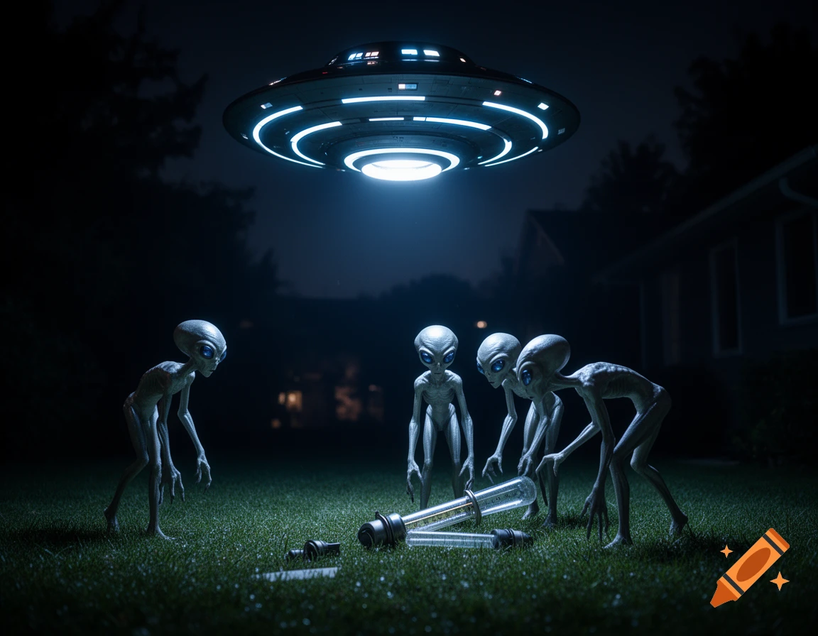 Four grey aliens gather around a knocked-over rain gauge in a dark, grassy yard under a glowing UFO at night, photorealistic.