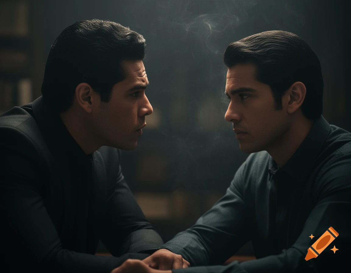 Two men with dark hair face each other intently in a smoky, dimly lit room. Cinematic realism.