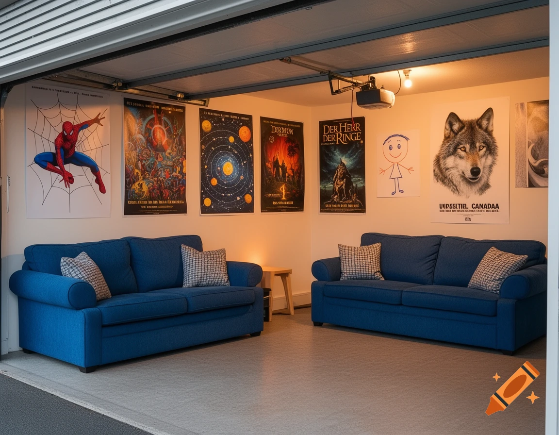 A converted garage with two blue sofas, a projector, and various posters on the wall including Spider-Man, a solar system, Lord of the Rings, a wolf, and a stick figure drawing.