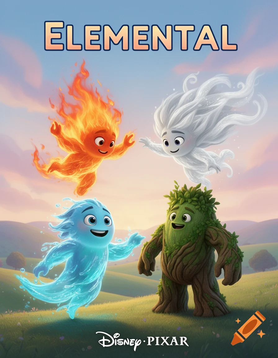 A colorful cartoon movie poster for Disney Pixar's Elemental, featuring four elemental characters (fire, water, air, earth) in a vibrant landscape.