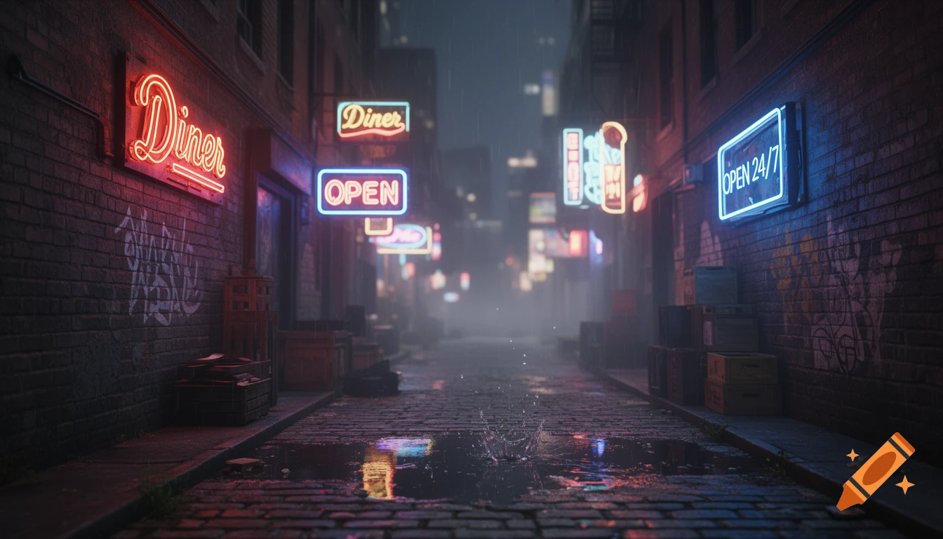 A dark, rainy city alley with glowing neon signs for 'Diner', 'OPEN', and 'OPEN 24/7' reflecting in puddles on the cobblestone street.