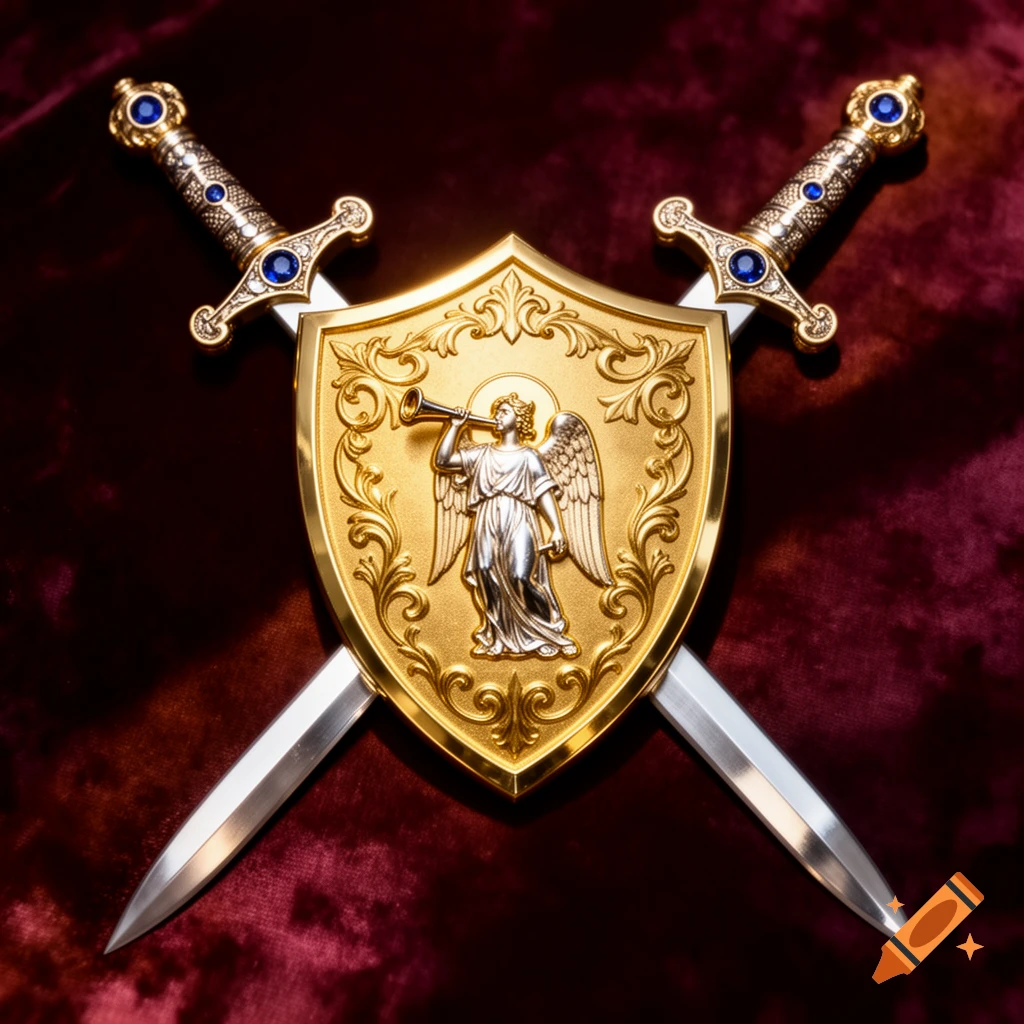 Photorealistic image of two ornate swords crossed behind a golden shield featuring an angel blowing a horn, all on red velvet.