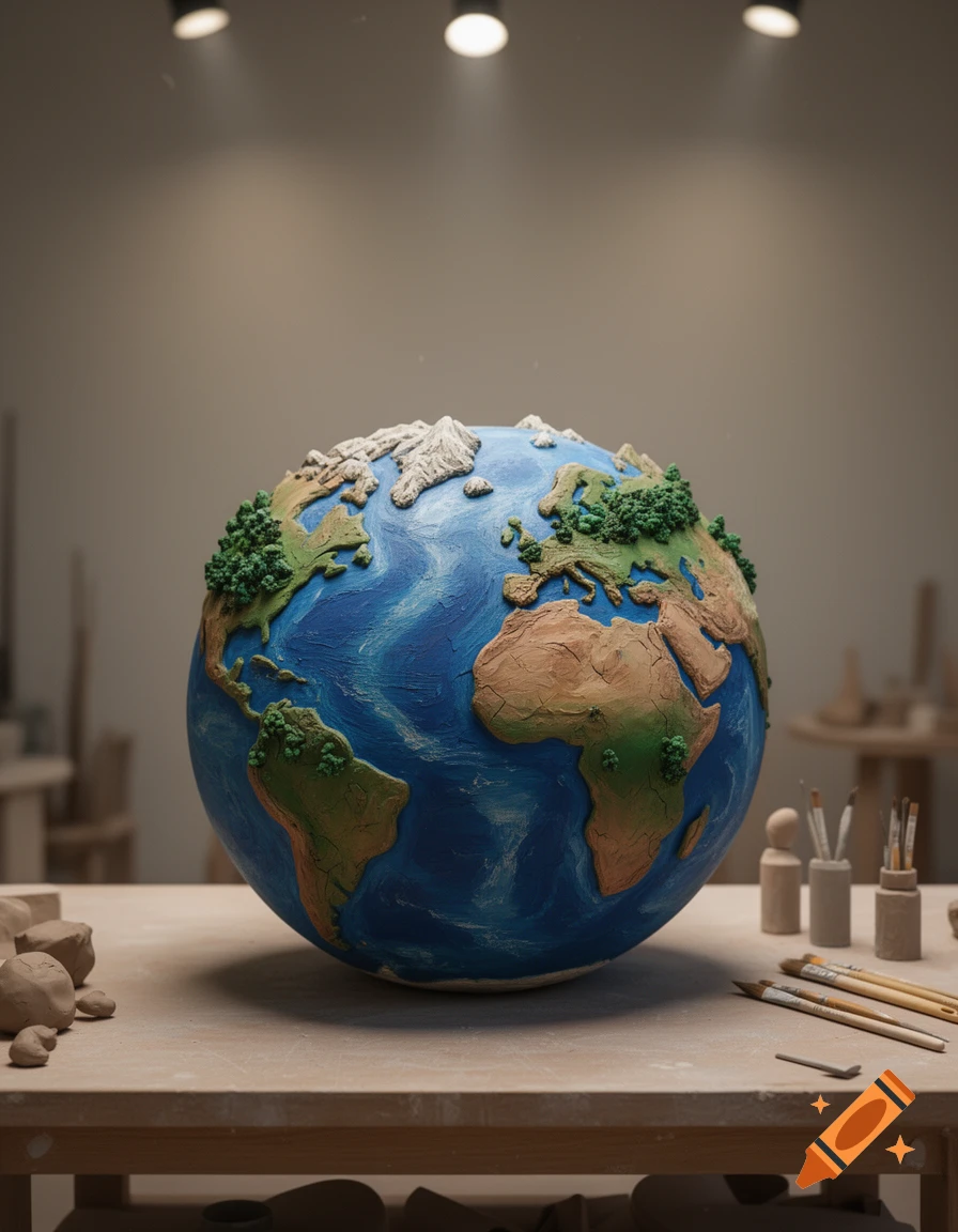 A colorful clay model of the Earth, with textured continents and oceans, sits on a wooden workbench next to sculpting tools and raw clay in a pottery studio.