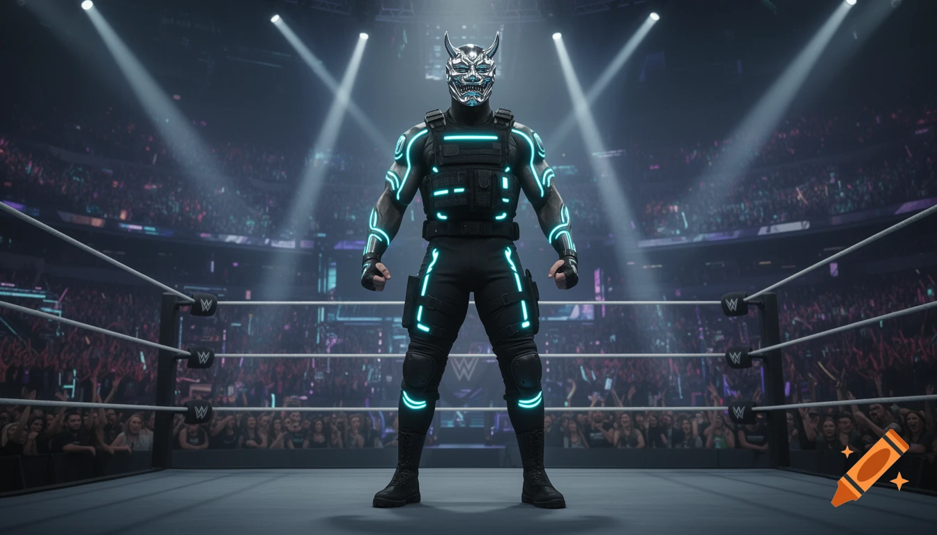 A wrestler in a futuristic silver Hannya mask and black tactical gear with glowing cyan lights stands in a spotlighted wrestling ring before a large crowd.