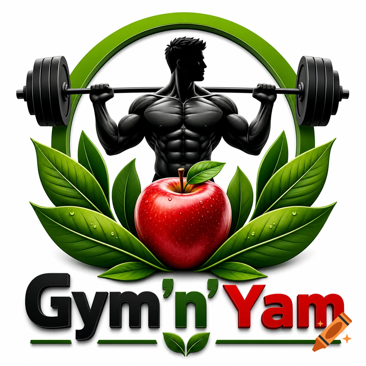 Bold fitness logo with a muscular silhouette lifting weights, surrounded by a green ring, leaves, a red apple, and the text 'Gym'n'Yam'.