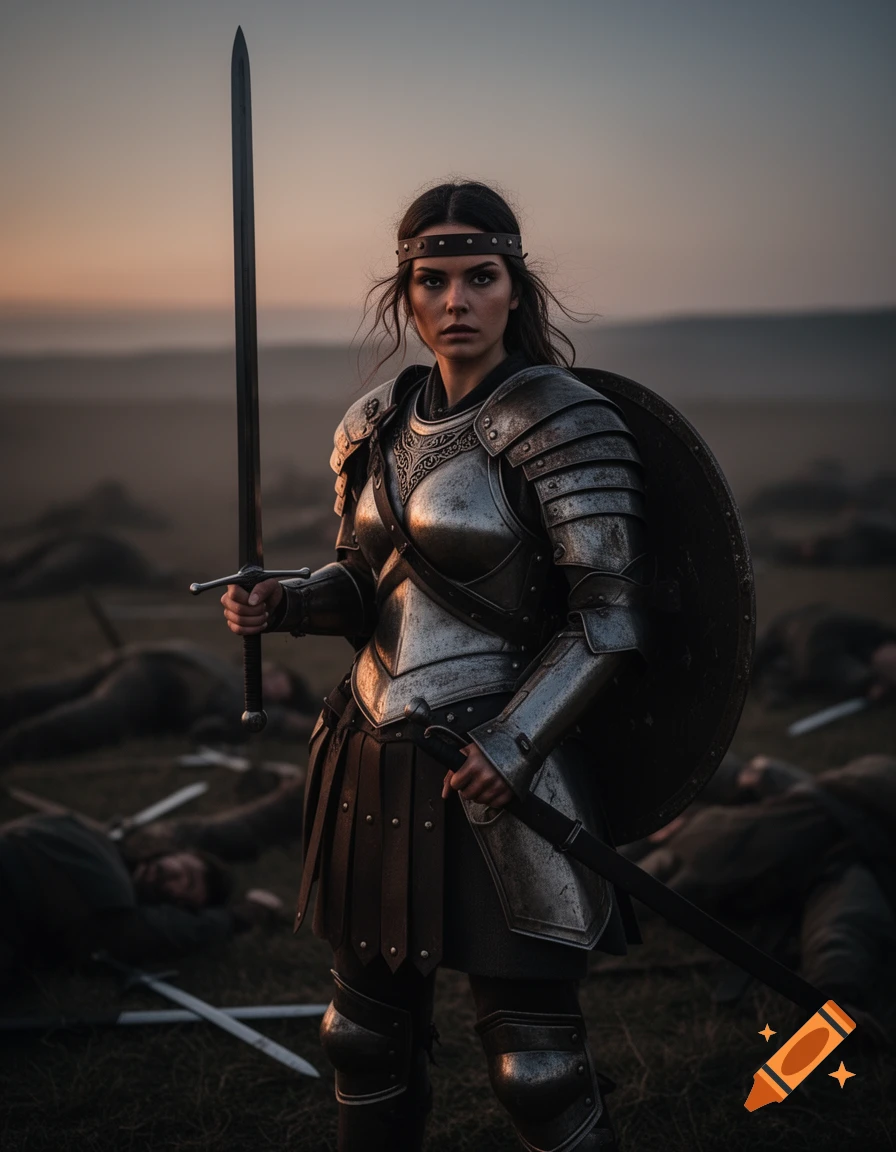 A female warrior in plate armor stands on a foggy battlefield littered with fallen soldiers at sunset, holding a sword.
