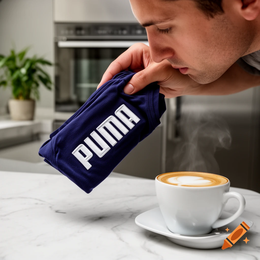 A man smells blue Puma underwear held above a steaming cup of cappuccino on a marble countertop in a modern kitchen.