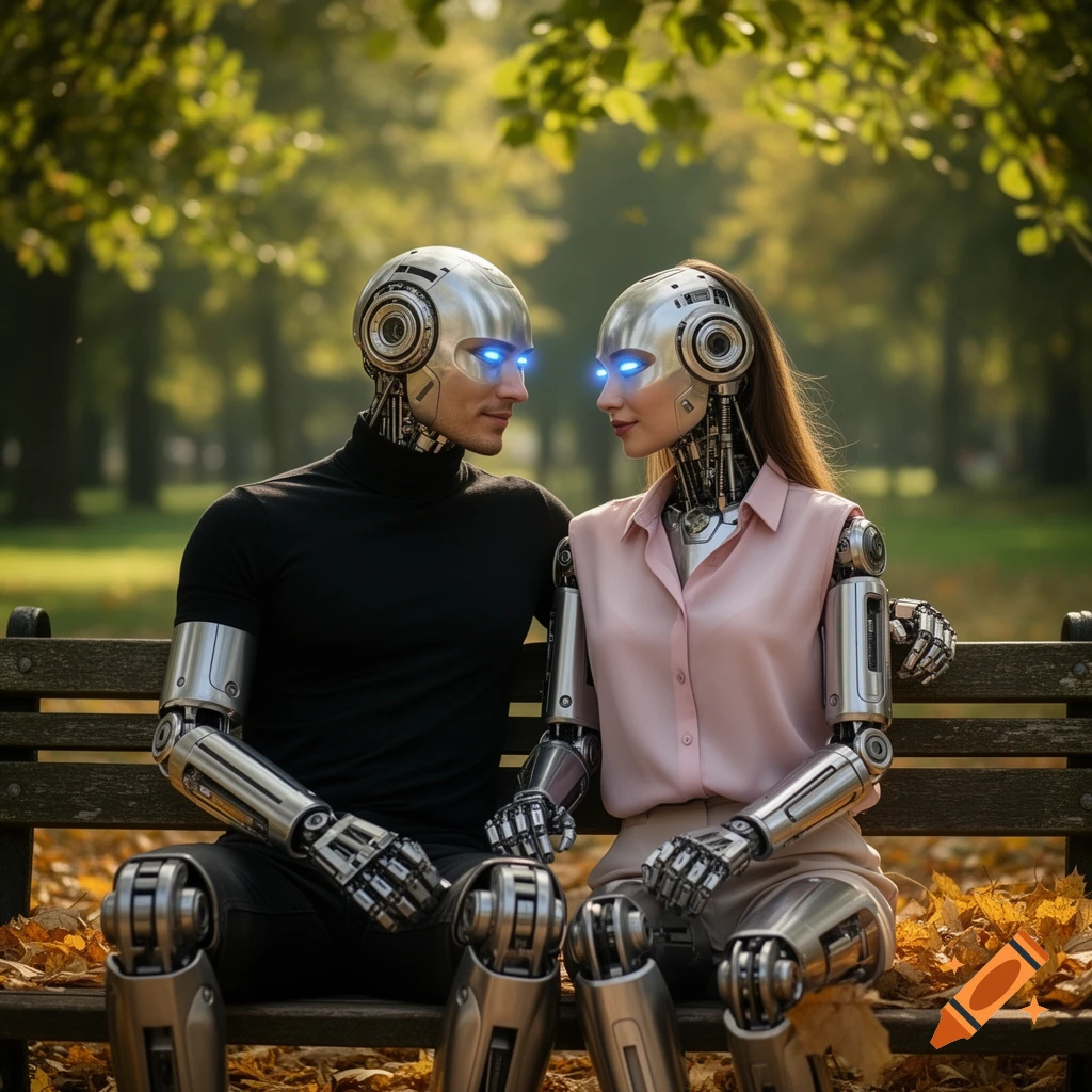 Two photorealistic robots with human-like torsos sit closely on a park bench, looking at each other, surrounded by autumn leaves.