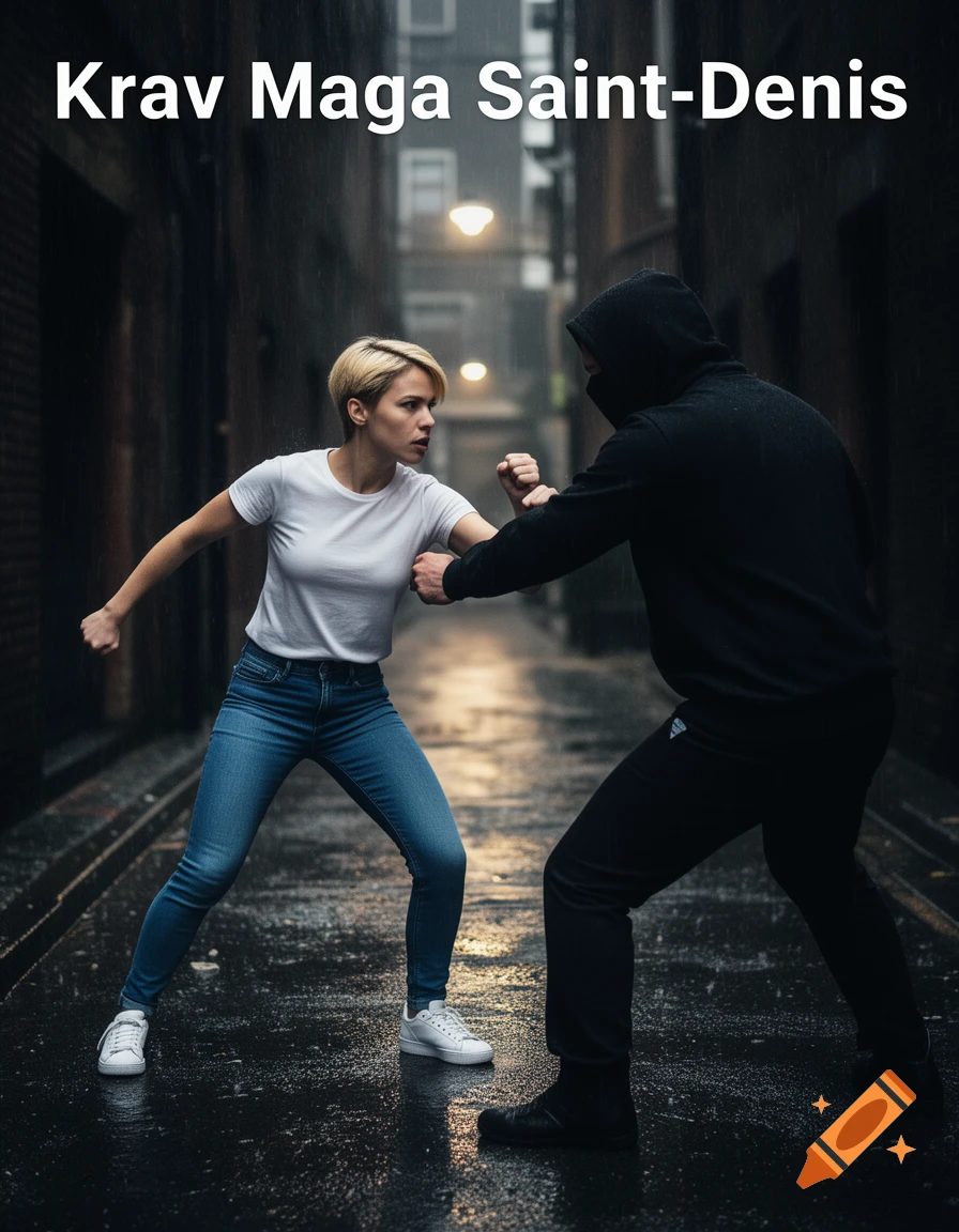A woman practices Krav Maga self-defense against a hooded man in a dark, rainy alley, with 'Krav Maga Saint-Denis' text.