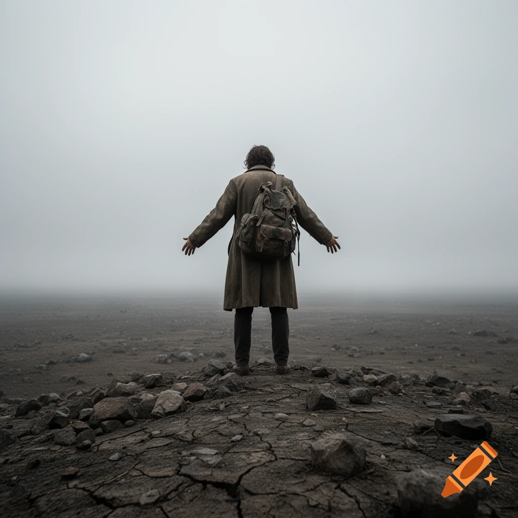 A person in a long coat and backpack stands with arms outstretched on a rocky, cracked hill, facing a vast, foggy, desolate landscape. Photorealistic.