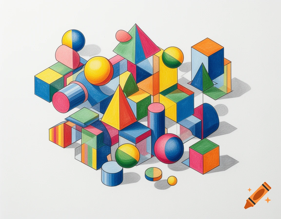 A colorful collection of 3D geometric shapes including cubes, spheres, cylinders, and pyramids, in a hand-drawn style.