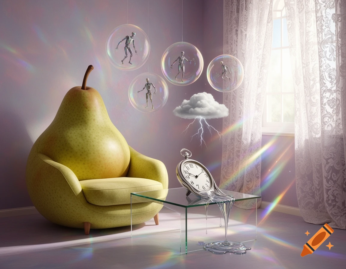 A surreal room with a pear-shaped chair, a melting clock on a glass table, a floating cloud with lightning, and robot figures in bubbles.