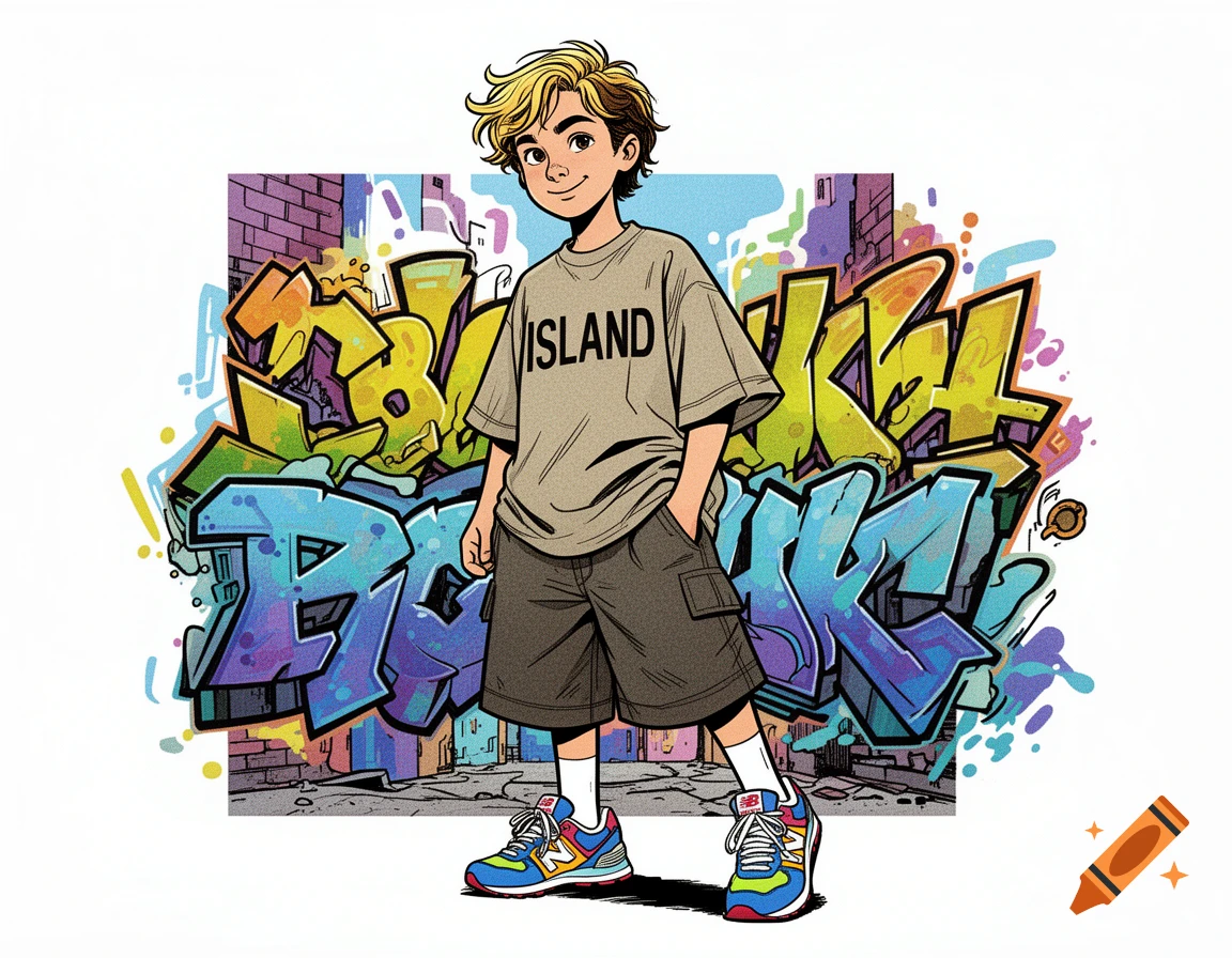 Cartoon boy with blonde hair wearing a baggy t-shirt and cargo shorts, standing in front of colorful graffiti.