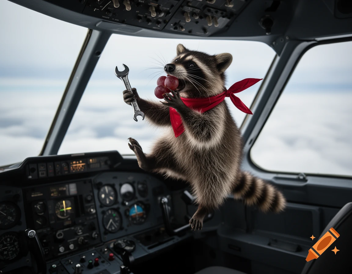 A photorealistic raccoon wearing a red bandana, eating grapes and holding a wrench inside an airplane cockpit with clouds outside.