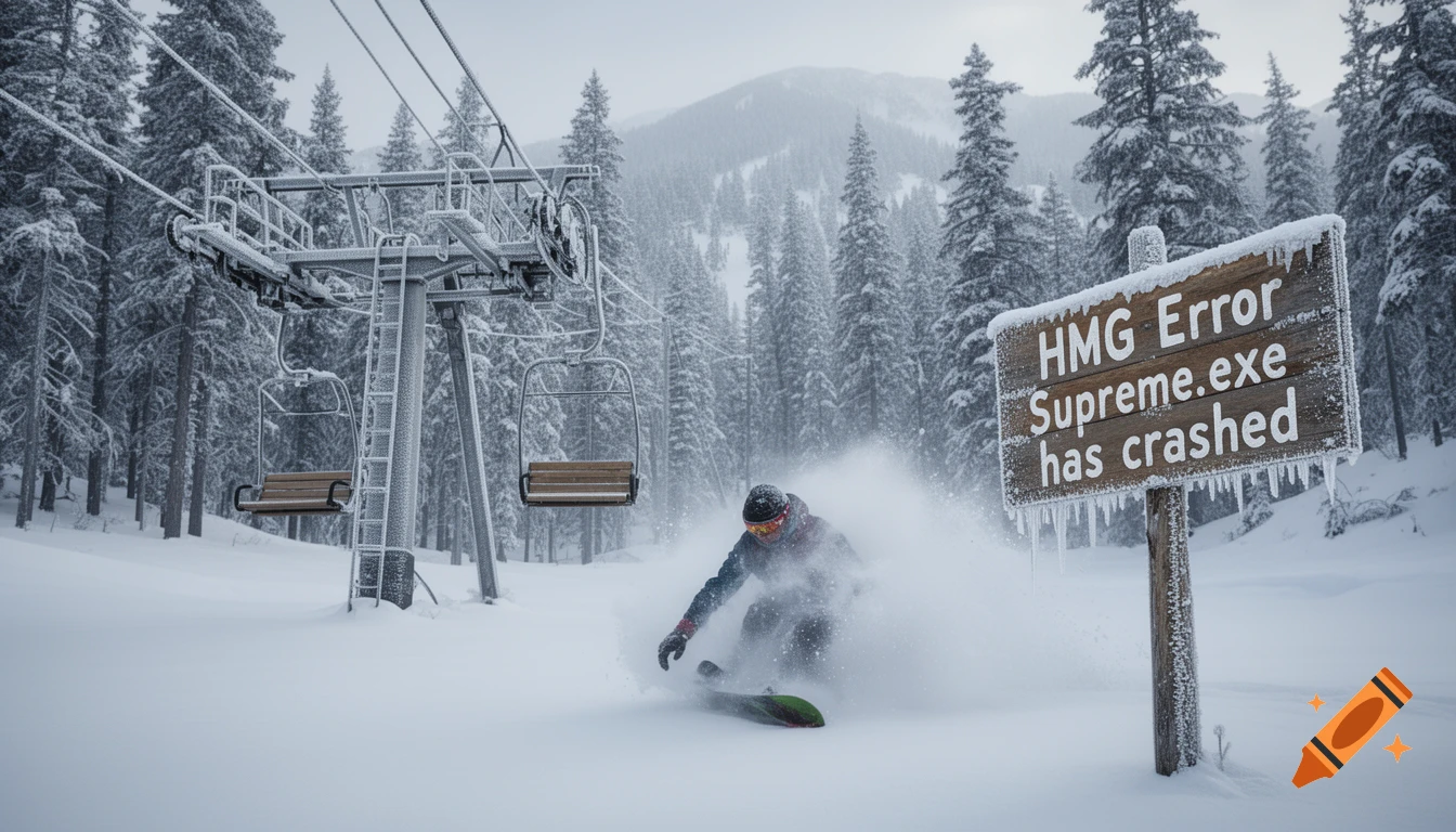 Photorealistic image of a snowboarder crashing in deep snow near a chairlift and a sign reading 'HMG Error Supreme.exe has crashed' in a snowy pine forest.