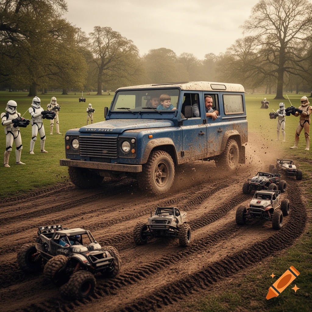 A muddy blue Land Rover Defender drives through a grassy park with RC cars and Stormtroopers in the background.