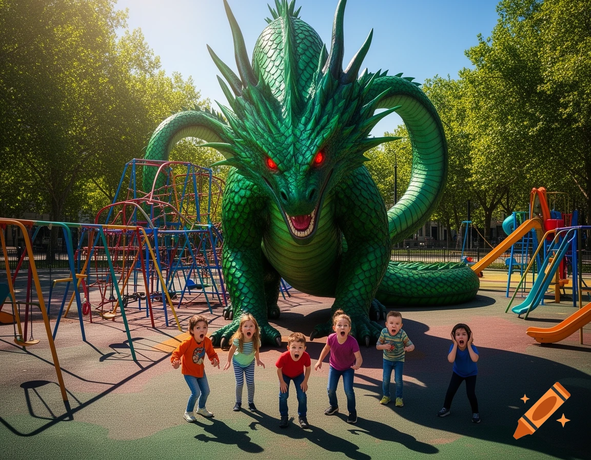 A huge green dragon with red eyes scares a group of children on a colorful playground.