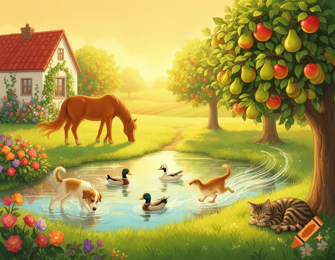 A colorful, bright farm scene in a children's book style, with a white house, a horse grazing, a dog drinking from a pond with ducks, a cat-like creature playing in the water, and a sleeping cat under a fruit tree.