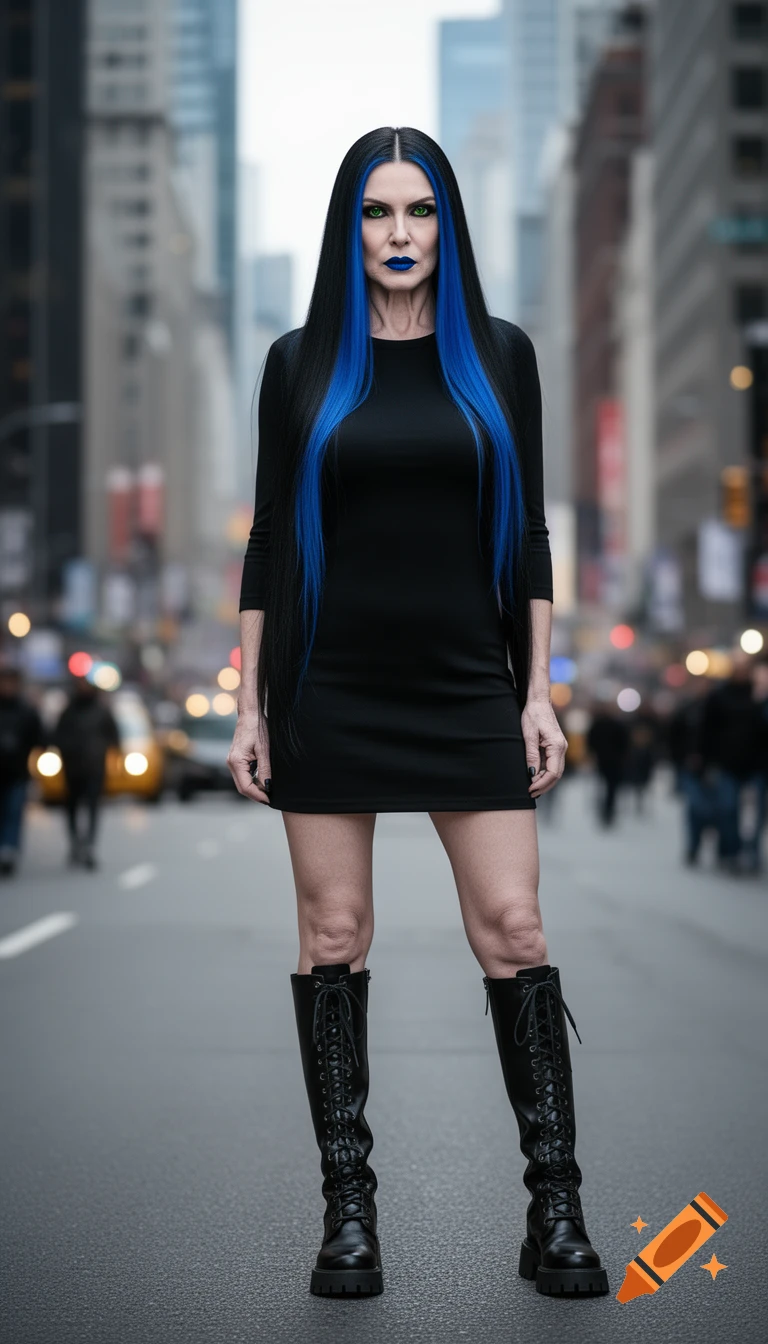 A woman with long black hair with blue streaks, dark green eyes, and blue lipstick stands in a city street, wearing a black mini dress and black knee-high lace-up boots.