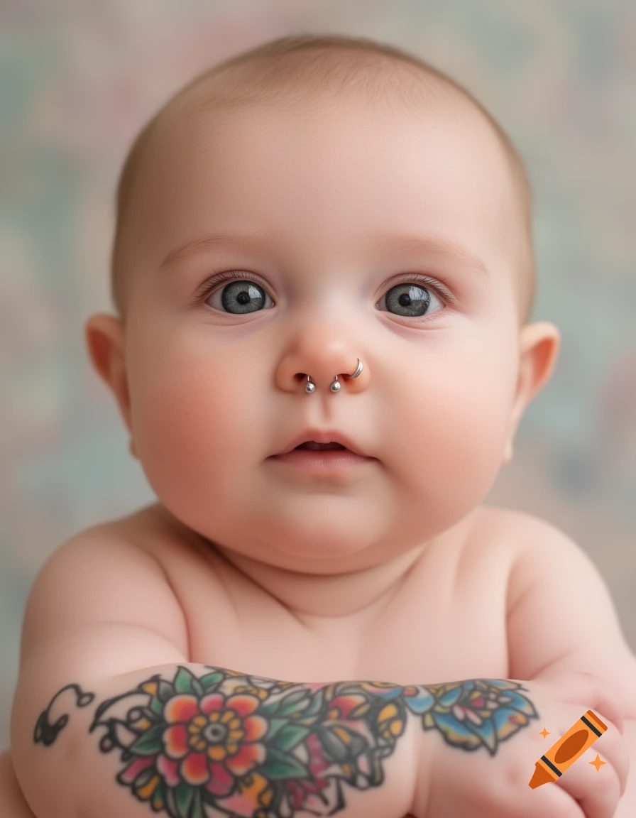 Close-up portrait of a baby with a septum piercing and colorful floral sleeve tattoos on its arm.