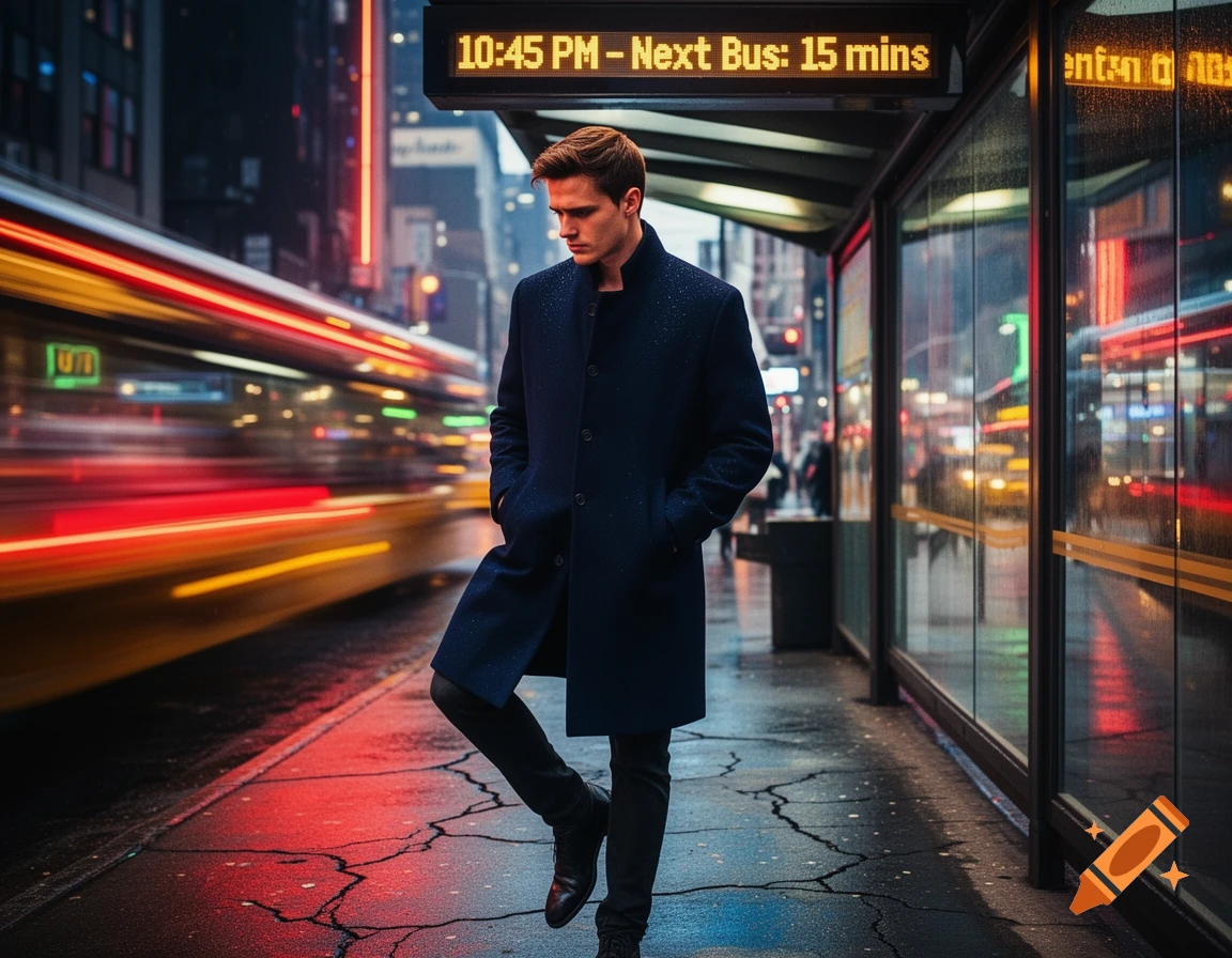 A man in a navy coat waits at a city bus stop at night, illuminated by neon signs and red light trails from a passing bus.