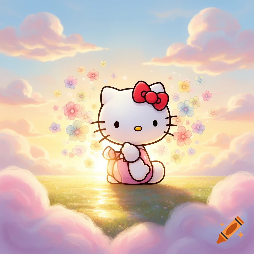Hello Kitty character sits in a field surrounded by floating colorful flowers, with a glowing sunset sky and pink clouds.