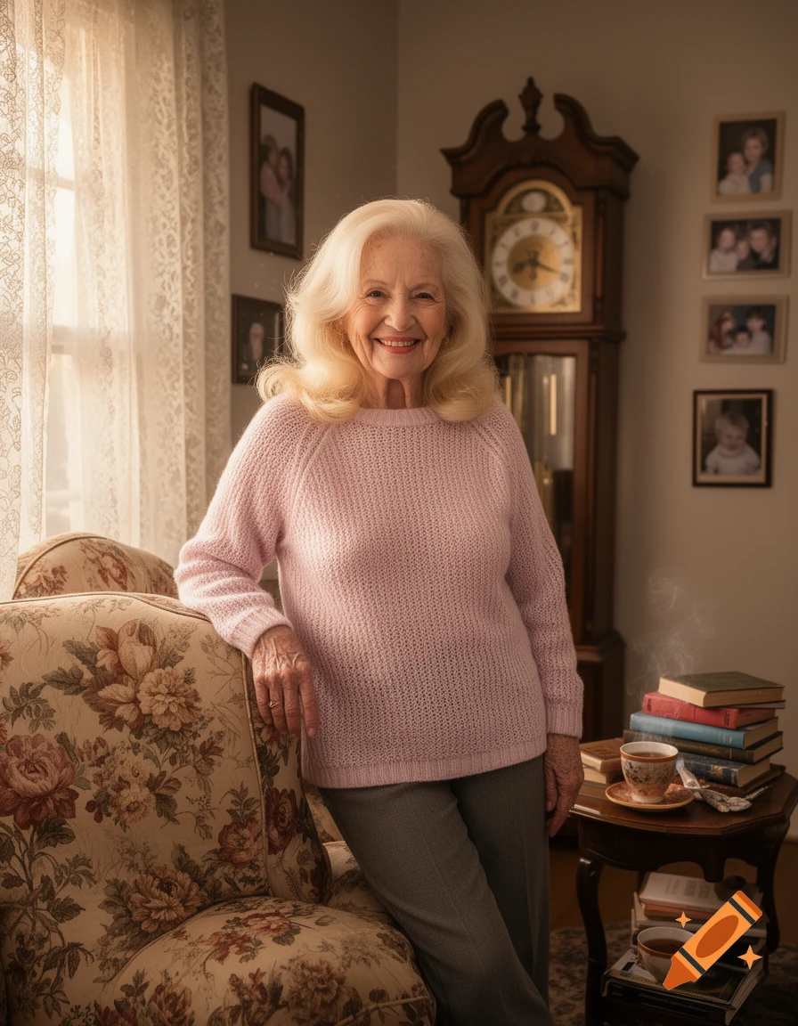 A smiling elderly woman with blonde hair in a pink sweater leans on a floral armchair in a cozy living room with a grandfather clock.