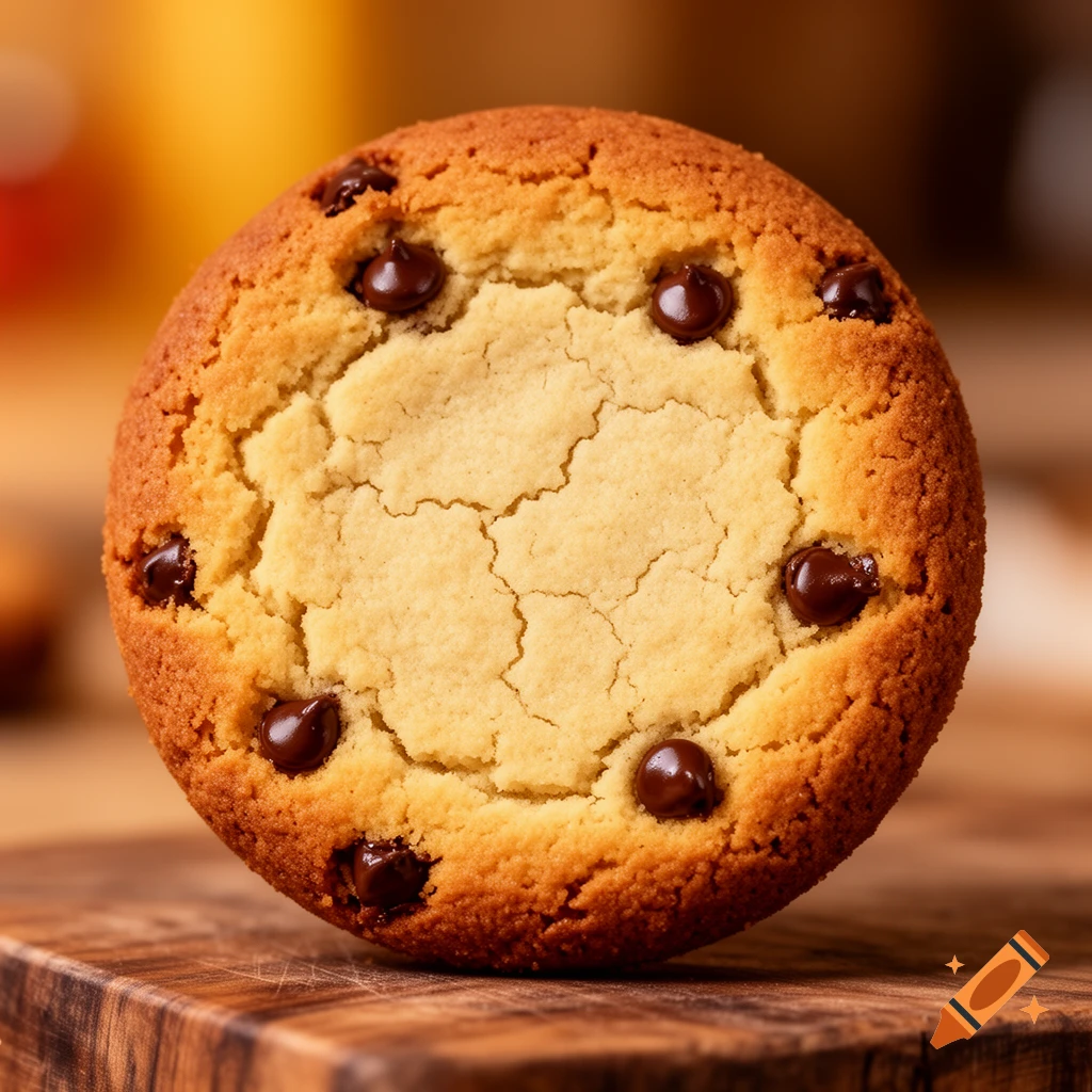 A close-up, photorealistic image of a golden-brown chocolate chip cookie with a soft center, resting on a wooden board.
