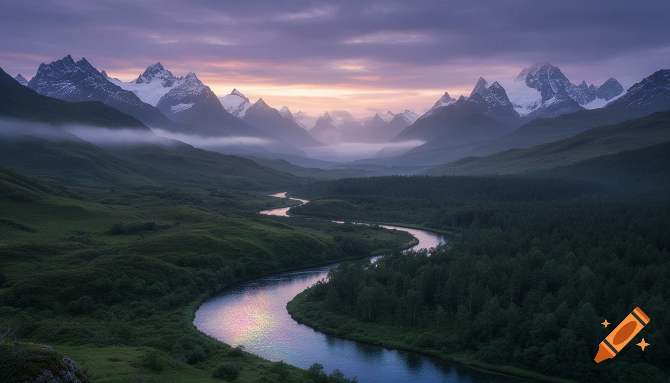 A winding river reflects the colorful sky at sunset amidst lush green ...