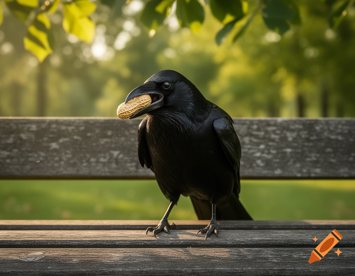 A photorealistic image of a black crow sitting on a wooden park bench, holding a peanut in its beak.