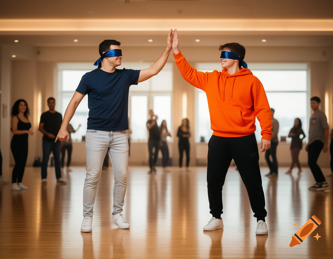 Two blindfolded men high-fiving in a bright studio, with blurred figures in the background, photorealistic style.
