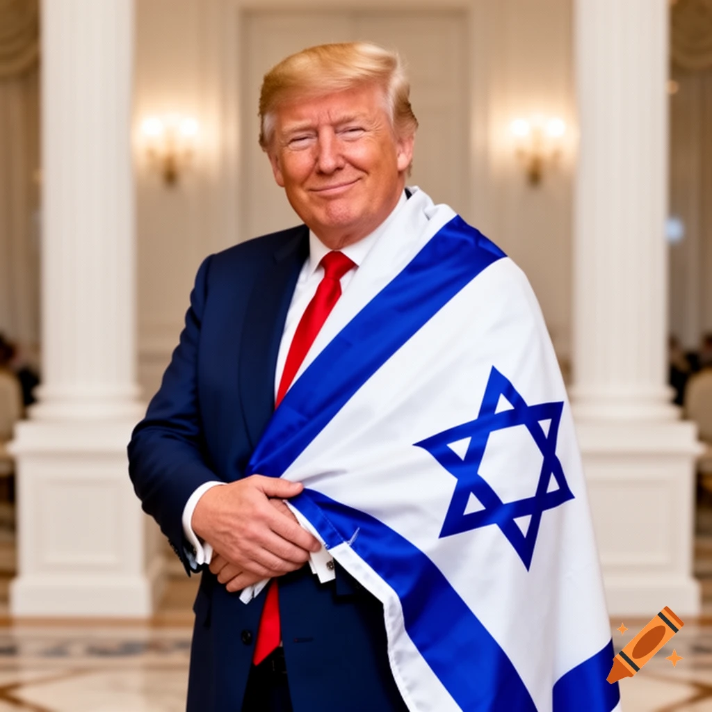 Donald Trump smiling while draped in the Israeli flag in a formal indoor setting.