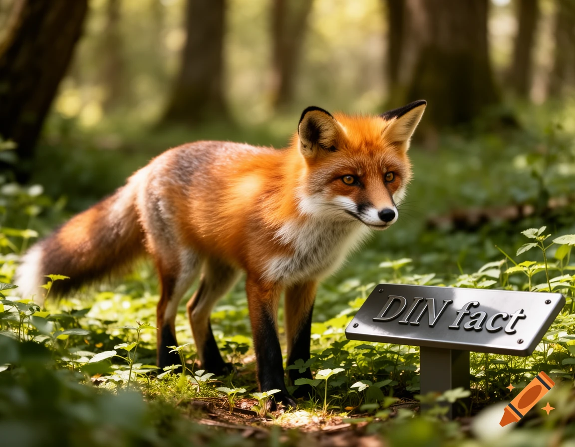 A photorealistic red fox stands in a lush green forest next to a sign ...