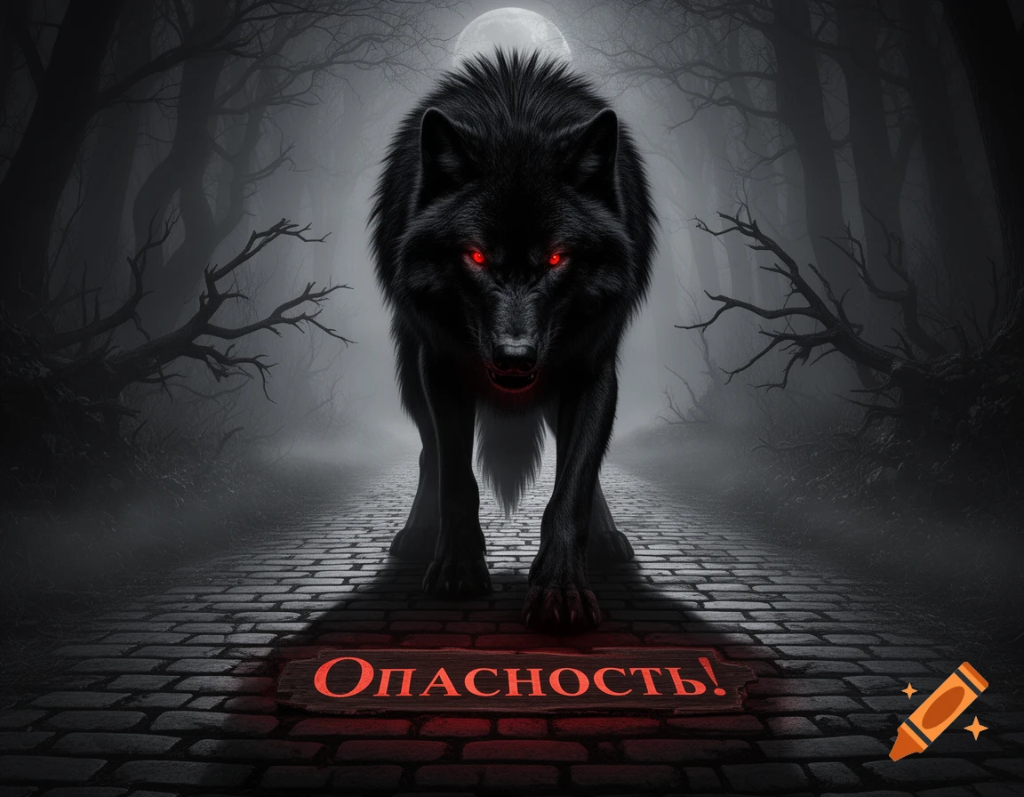 A menacing black wolf with glowing red eyes stands on a dark cobblestone path in a foggy forest under a full moon. A red sign reads 'Опасность!' (Danger!).