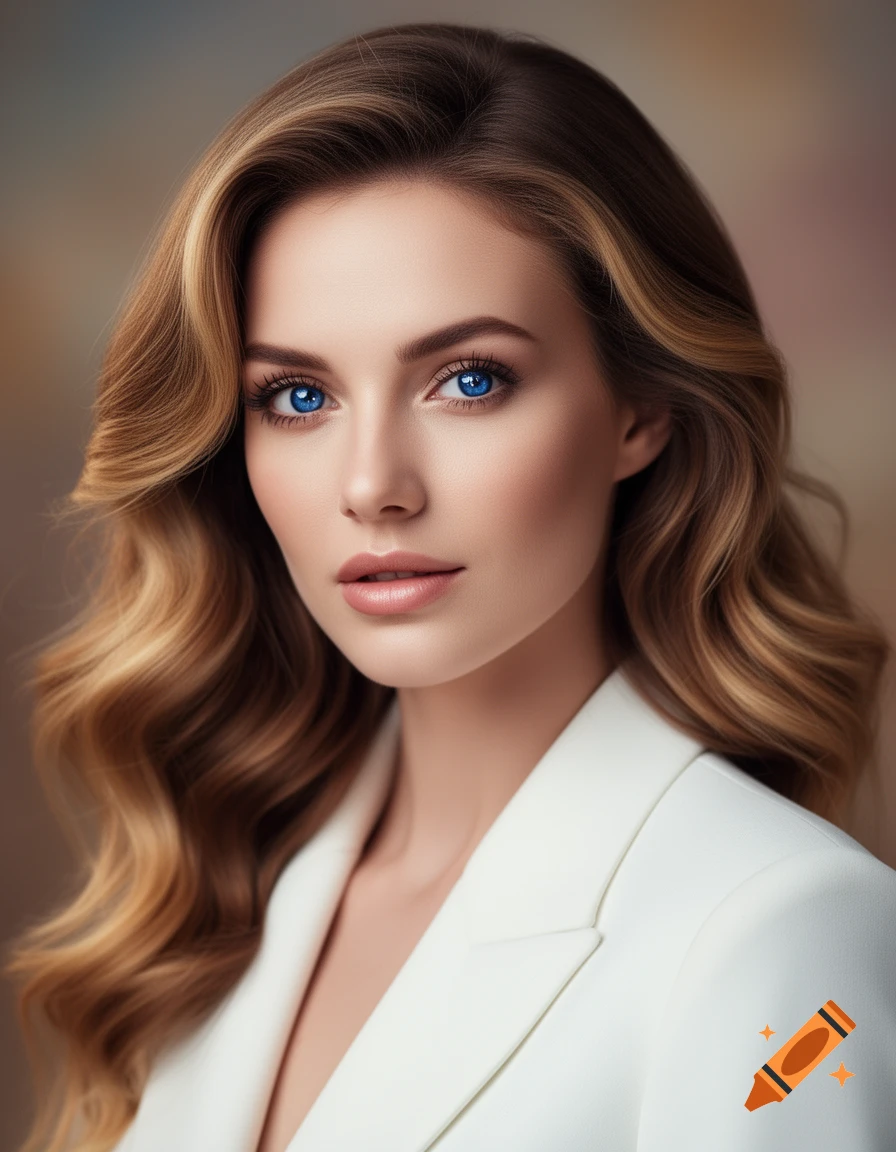Photorealistic portrait of a woman with long wavy blonde hair, blue eyes, and a white blazer, looking directly at the viewer.