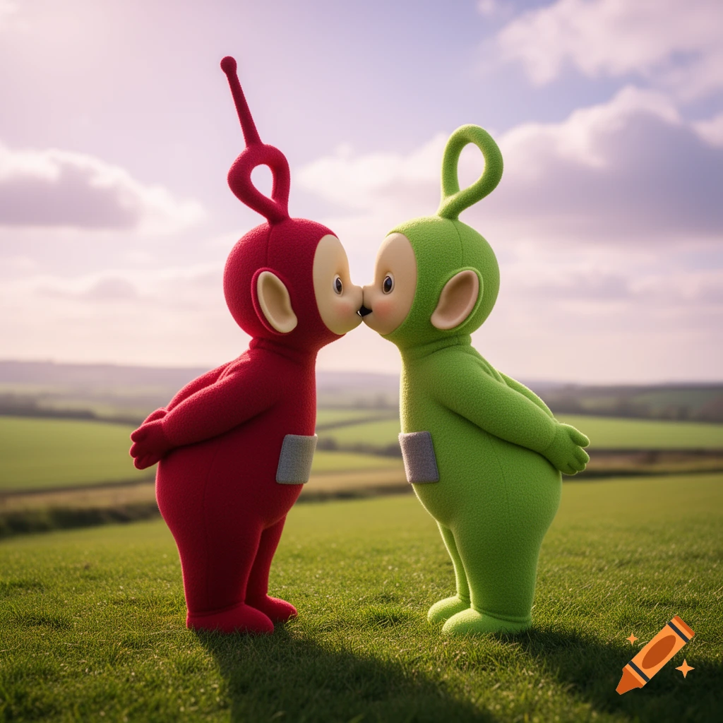 Red and green hyperrealistic Teletubbies, Po and Dipsy, kissing on a grassy hill under a bright sky.