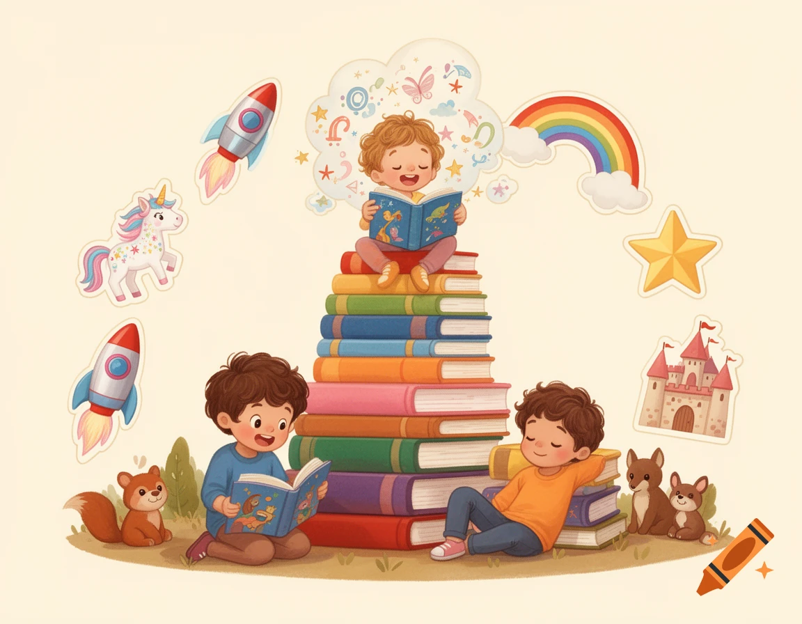 Cute illustration of three children reading books, surrounded by whimsical elements like rockets, a unicorn, and a rainbow.