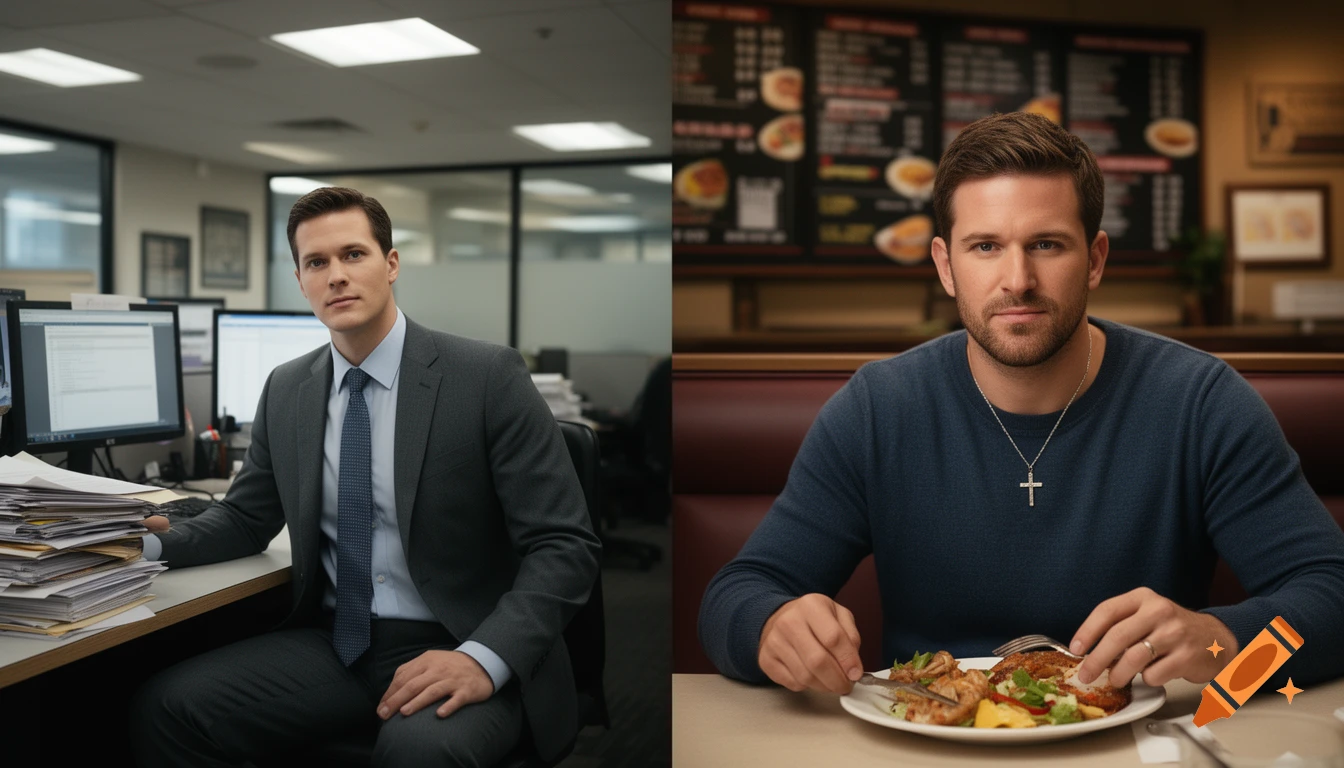 Photorealistic split image of a man in an office on the left and eating in a restaurant with a cross necklace on the right.