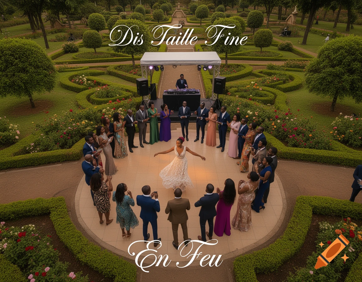 Aerial view of an elegant outdoor party in a beautiful park with a DJ, people watching a woman dance. Text "Dis Taille Fine" and "En Feu" are present.