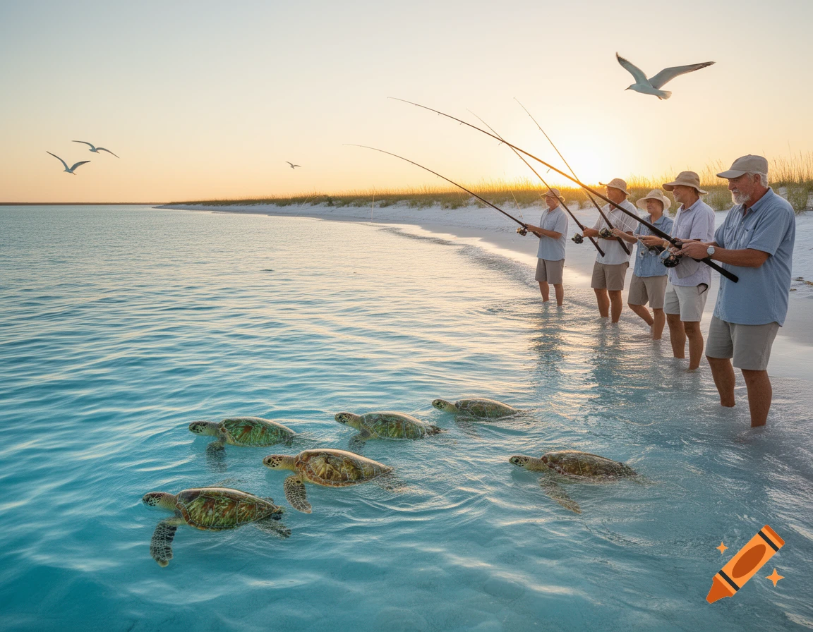 Several men fish in shallow ocean water at sunset, while a group of sea turtles swim nearby a sandy beach.