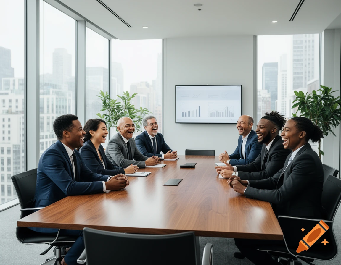 Diverse business professionals in suits laughing at a boardroom table with a city view outside large windows.