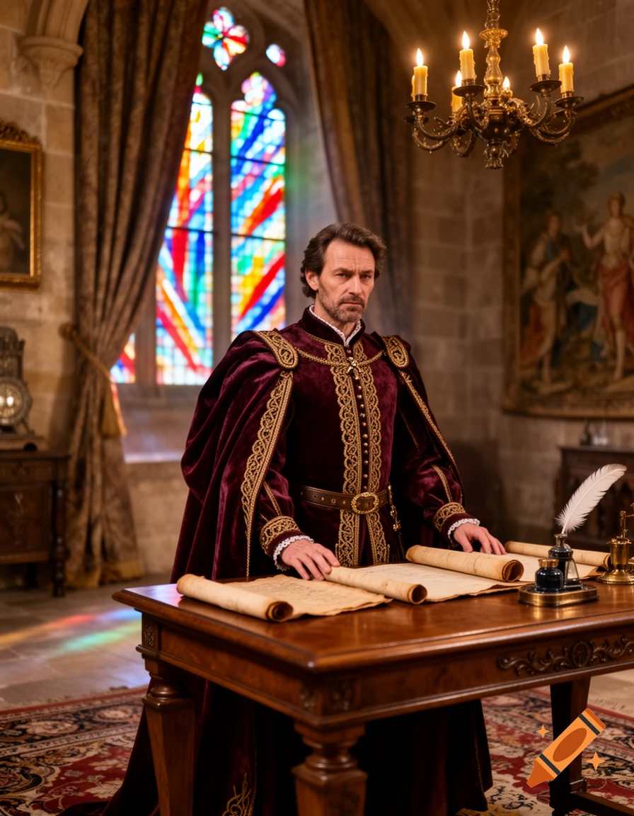 A serious man in a crimson and gold medieval robe stands at a desk with scrolls in a grand hall.