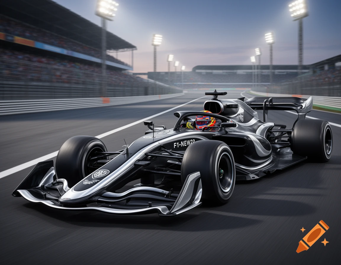 A black and silver Formula 1 race car with a driver, speeding on a track at dusk under bright stadium lights.