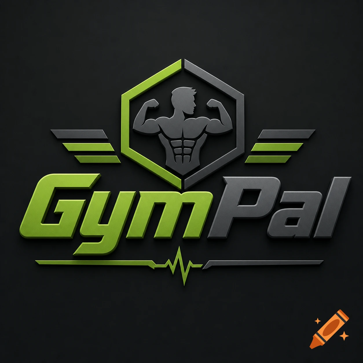 A green and dark gray GymPal logo featuring a muscular male torso within a hexagon, with stylized wings and a heartbeat line.