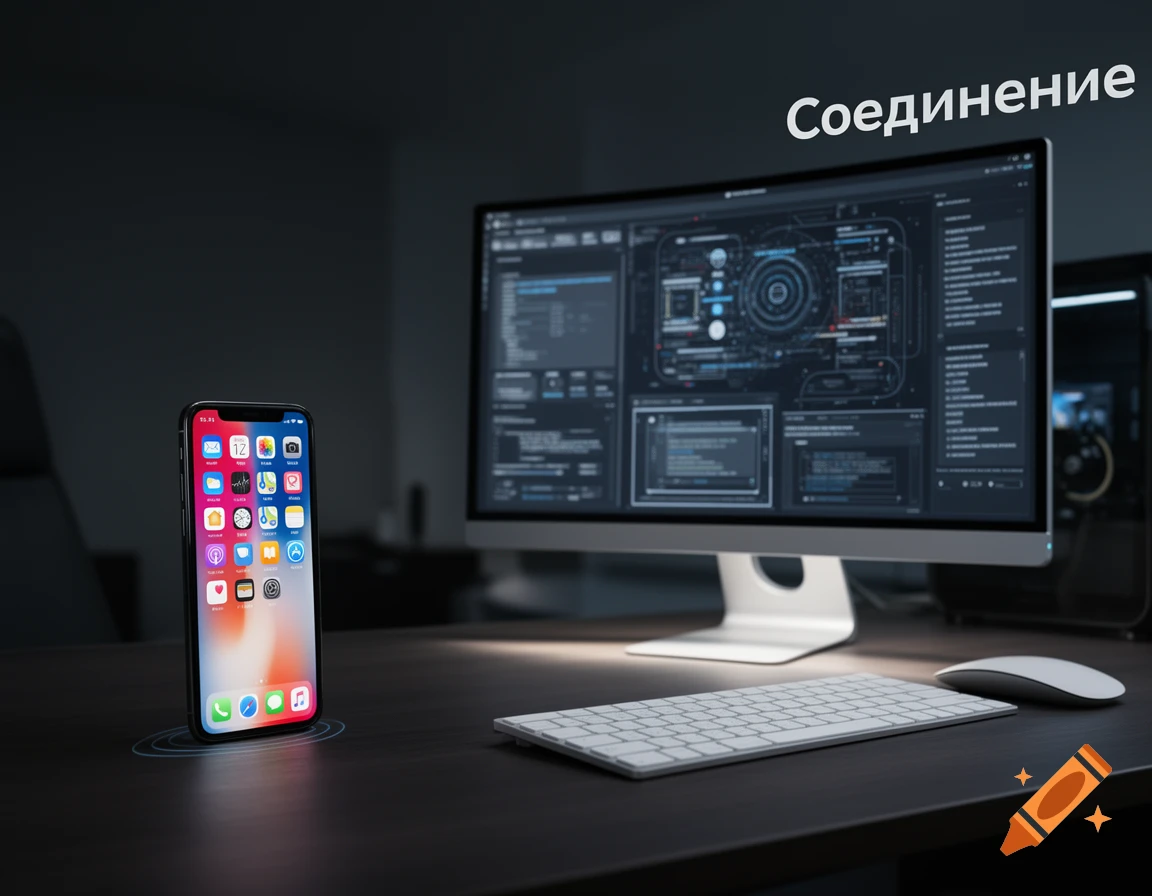 Photorealistic image of an iPhone and a computer setup on a dark desk, with the word 'Соединение' above the monitor.