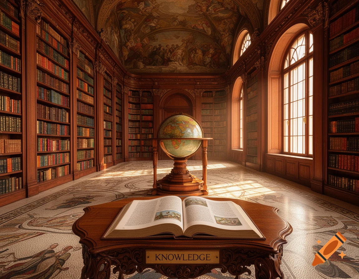 A grand, ornate library with tall bookshelves, a globe, and an open book on a table reading 'KNOWLEDGE' in a photorealistic style.