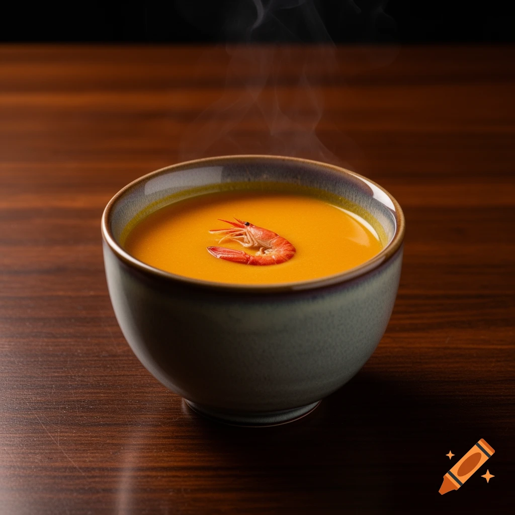 A steaming bowl of orange bisque soup with a single shrimp, on a dark wooden table. Photorealistic style.