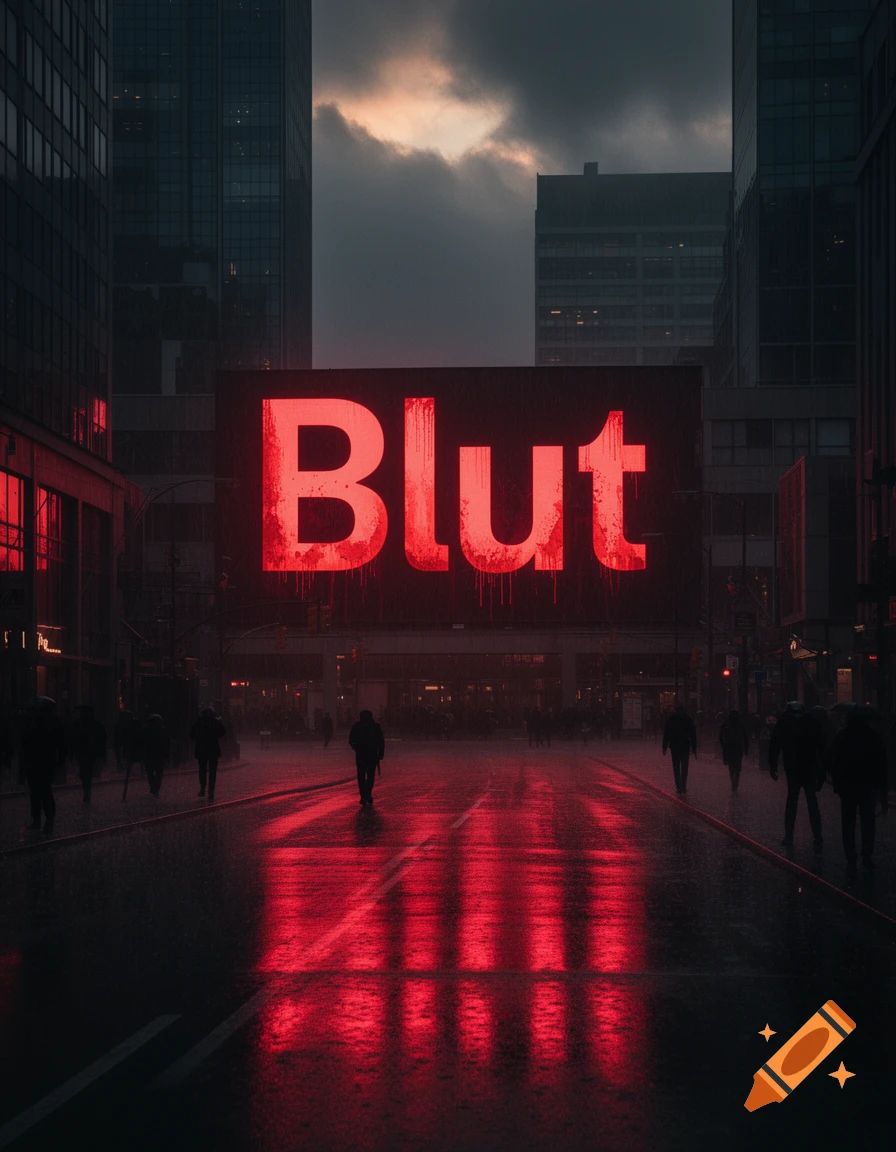 A dark, rainy city street at night with a large red neon sign displaying the word 'Blut' (blood) reflecting on the wet asphalt.