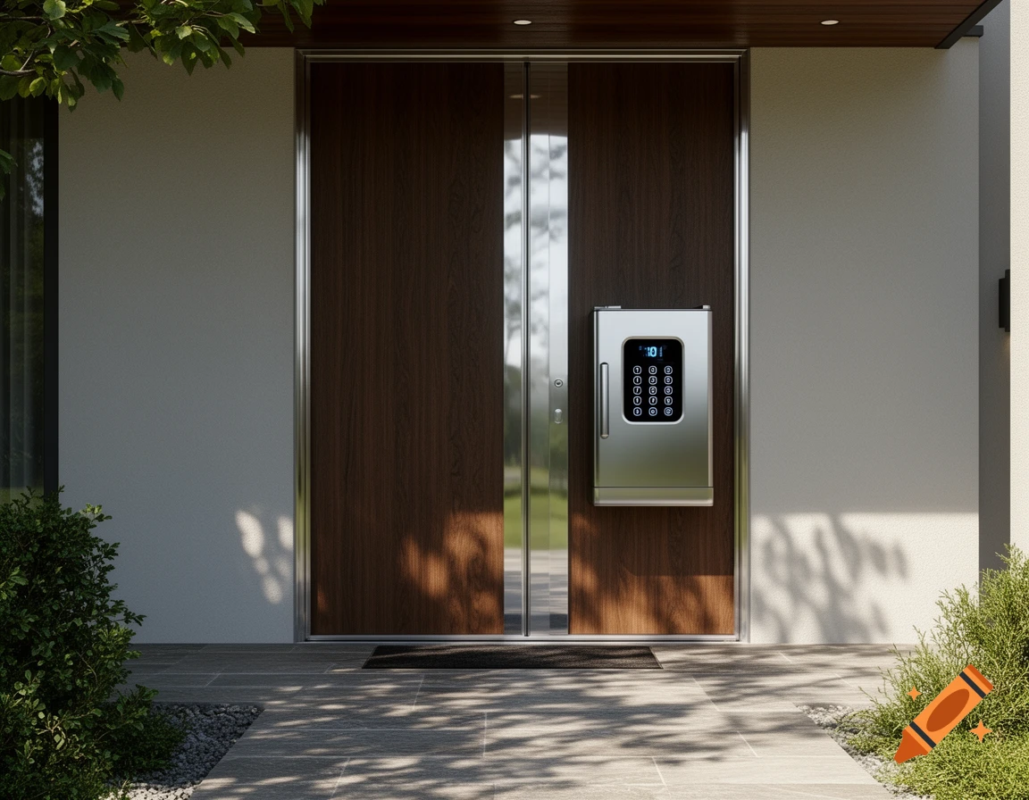 A modern house entrance with a wooden double door and a silver smart delivery box featuring a keypad and a digital display showing "10" and a clock icon. Lush green bushes frame the entrance, which has a stone tiled pathway.